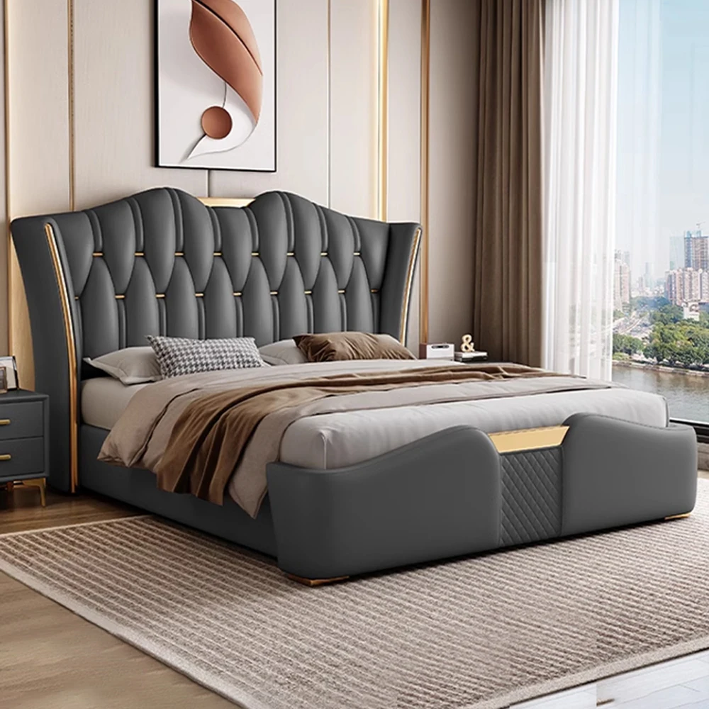 MANBAS Luxury Modern Upholstered Bed Frame with Gold Accents, Genuine Leather Designer Bed, Queen/King Size Bedroom Furniture