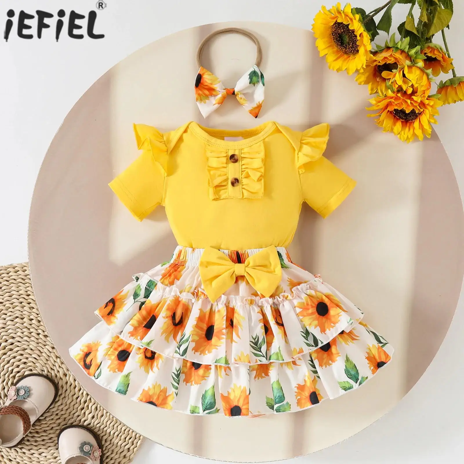 

Baby Girls Clothing Summer Set Short Sleeveless Ruffled Rompers Top with Floral Bowknot Skirt Headband Birthday Party Daily Wear