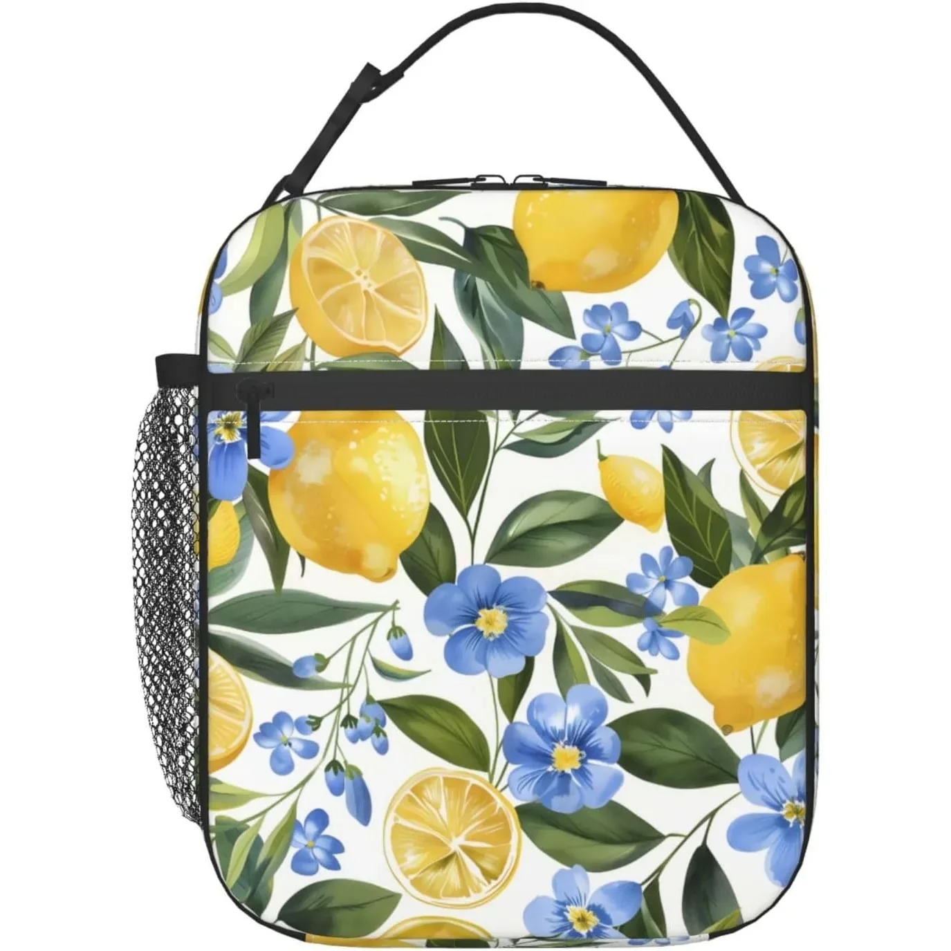 Juicy Lemon & Blue Floral Lunch Box for Women Adults Kids, Insulated Cooler Polyester Lunch Bag