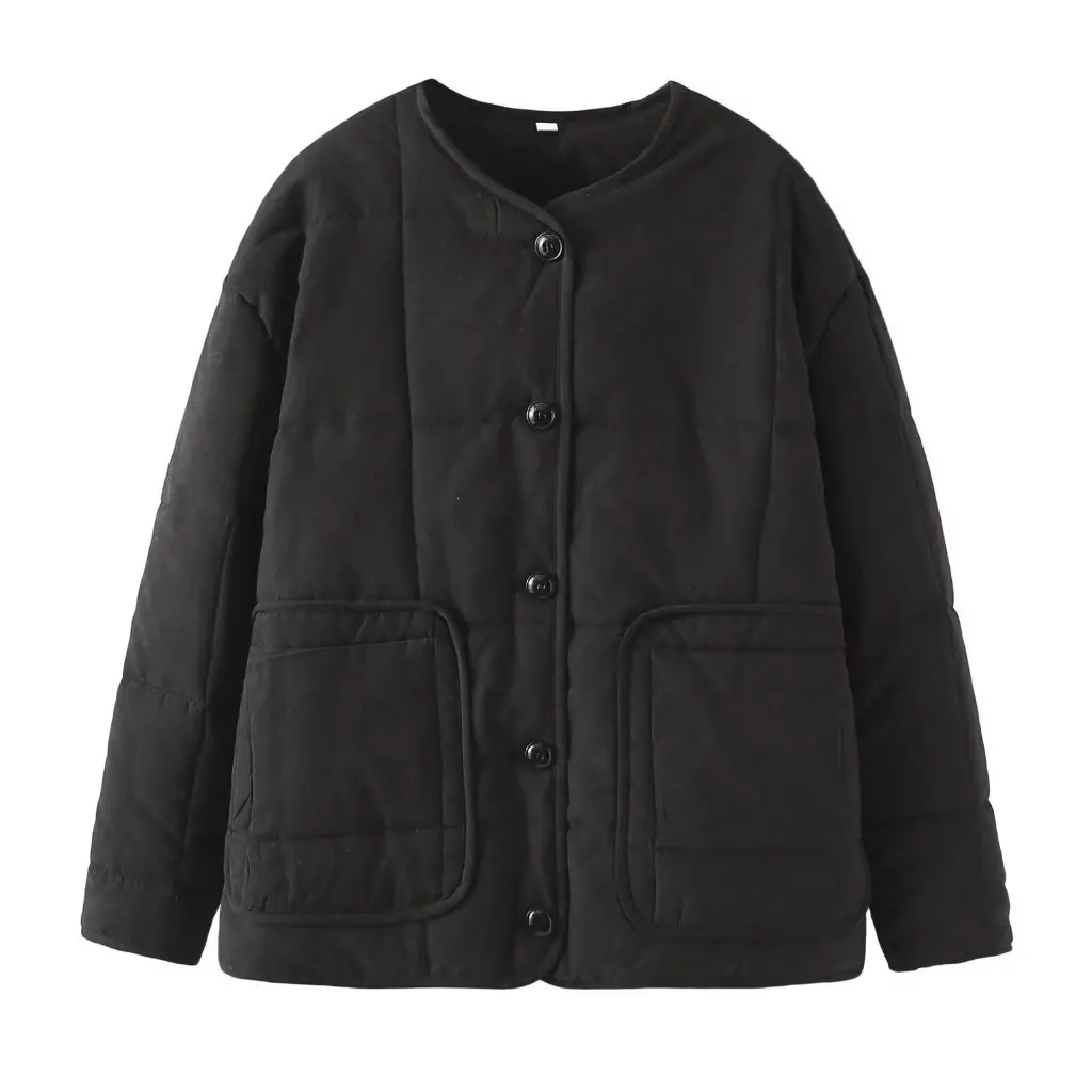 

Winter Women's Cotton-Padded Jacket Solid Color round Neck Warm Cotton Coat European And US Style Wholesale