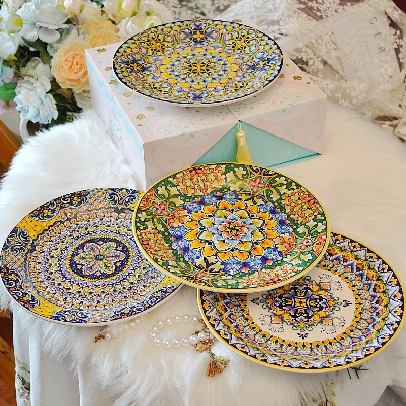 

Italian Exotic Under Glaze Colored Household Ceramic Western Food Plate Creative Restaurant Flat Plate Bohemian Style Dish Set