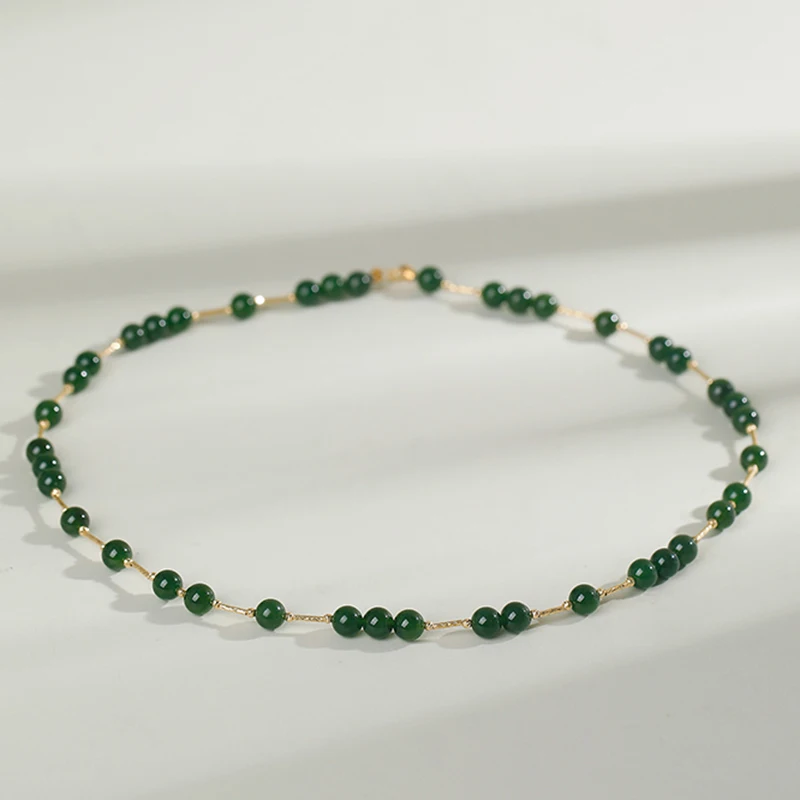 Precious Green Jade Natural Nice Real Necklace With Unique Station Design, Chain, Gift, Woman