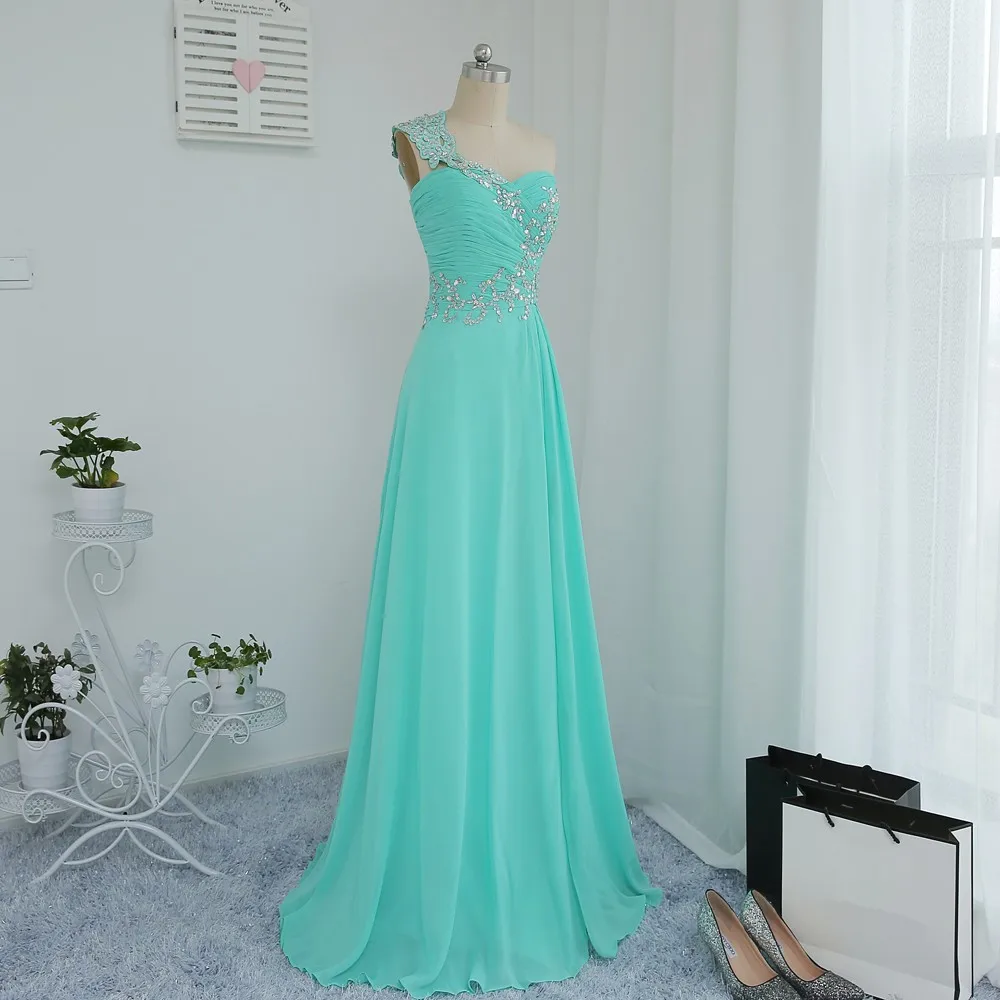 Turquoise Prom Dresses A-line One-shoulder Chiffon Beaded Slit Sexy Long Prom Gown Evening Robe De Soiree Customized