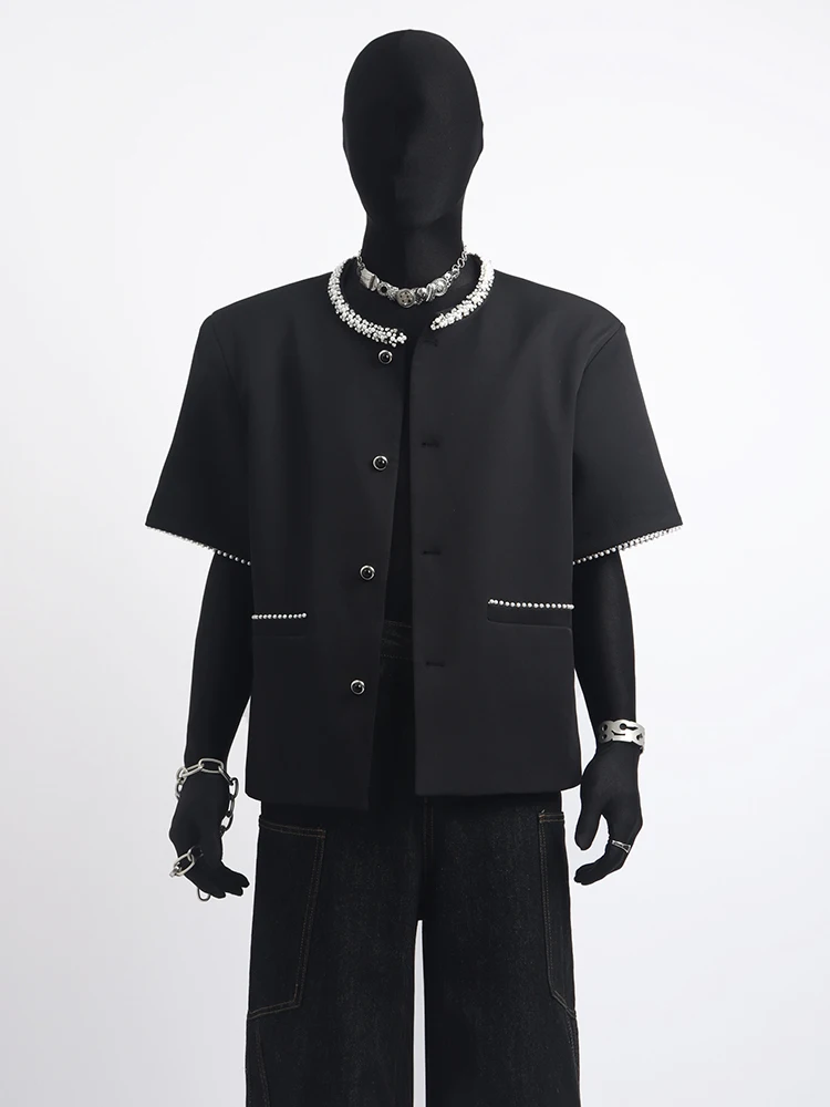 

Мужская модная черная куртка с коротким рукавом - украшенная стразами, шикарное роскошное повседневное пальто, топ