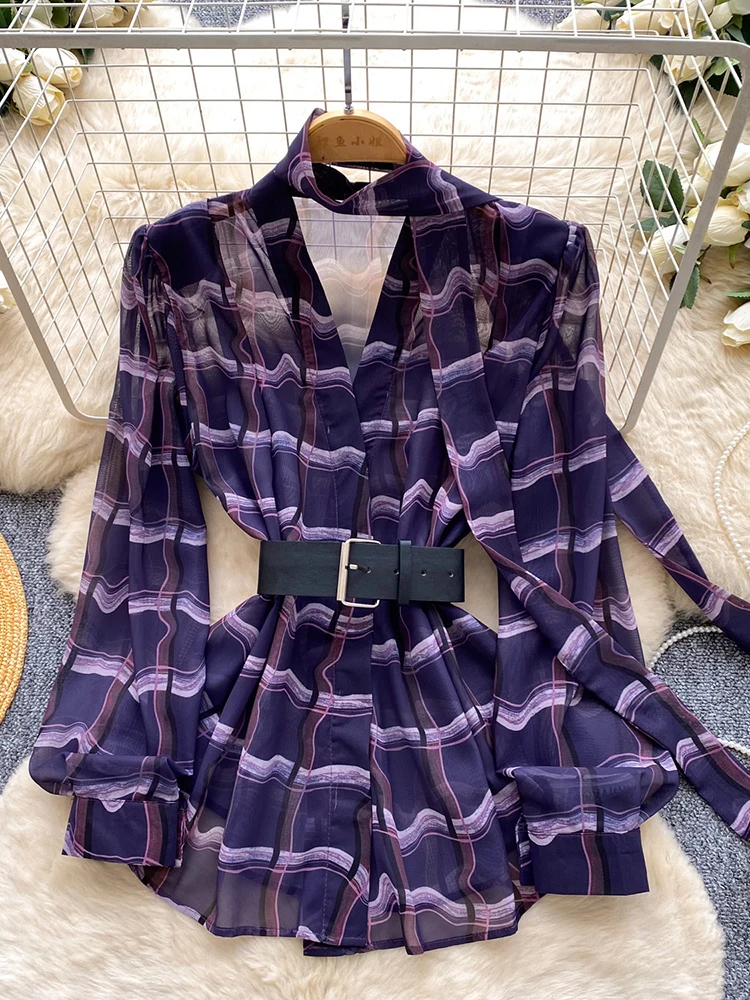 

Women's Spring Blouse French-style V-neck Strappy Fitted Waist Long-sleeved Plaid Print Shirt Commuting Elegant Top BL382