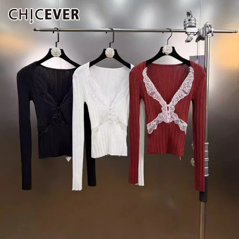 

CHICEVER однотонный кружевной шикарный свитер женский с v-образным вырезом и длинным рукавом для похудения нежные повседневные женские свитера осенняя мода новинка