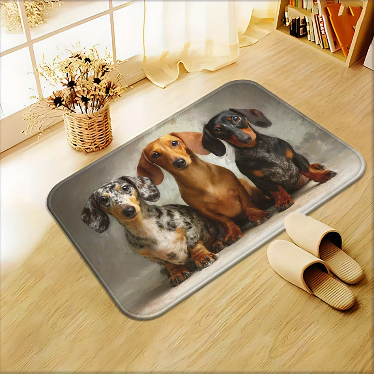 1pc 2D Flat Rug, Three Dachshunds Portrait Print, Machine Washable, Soft, for Entryway, Living Room, Bedroom, Patio