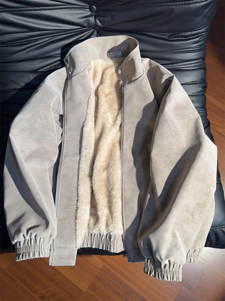 

Мужская зимняя утепленная бейсбольная куртка из американской искусственной кожи с эффектом окрашивания, на хлопковой подкладке, с начесом из овечьей шерсти