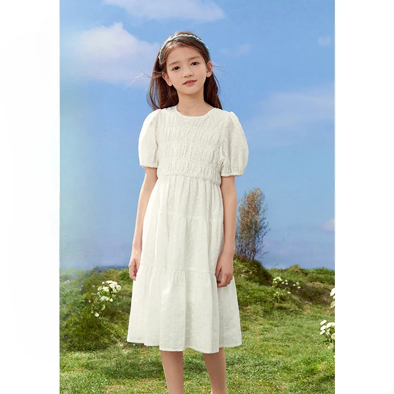 

Хлопковое платье для девочек, Новинка весна-лето 2024, юбка принцессы для детей старшего возраста, простая повседневная юбка с пышными рукавами, одежда