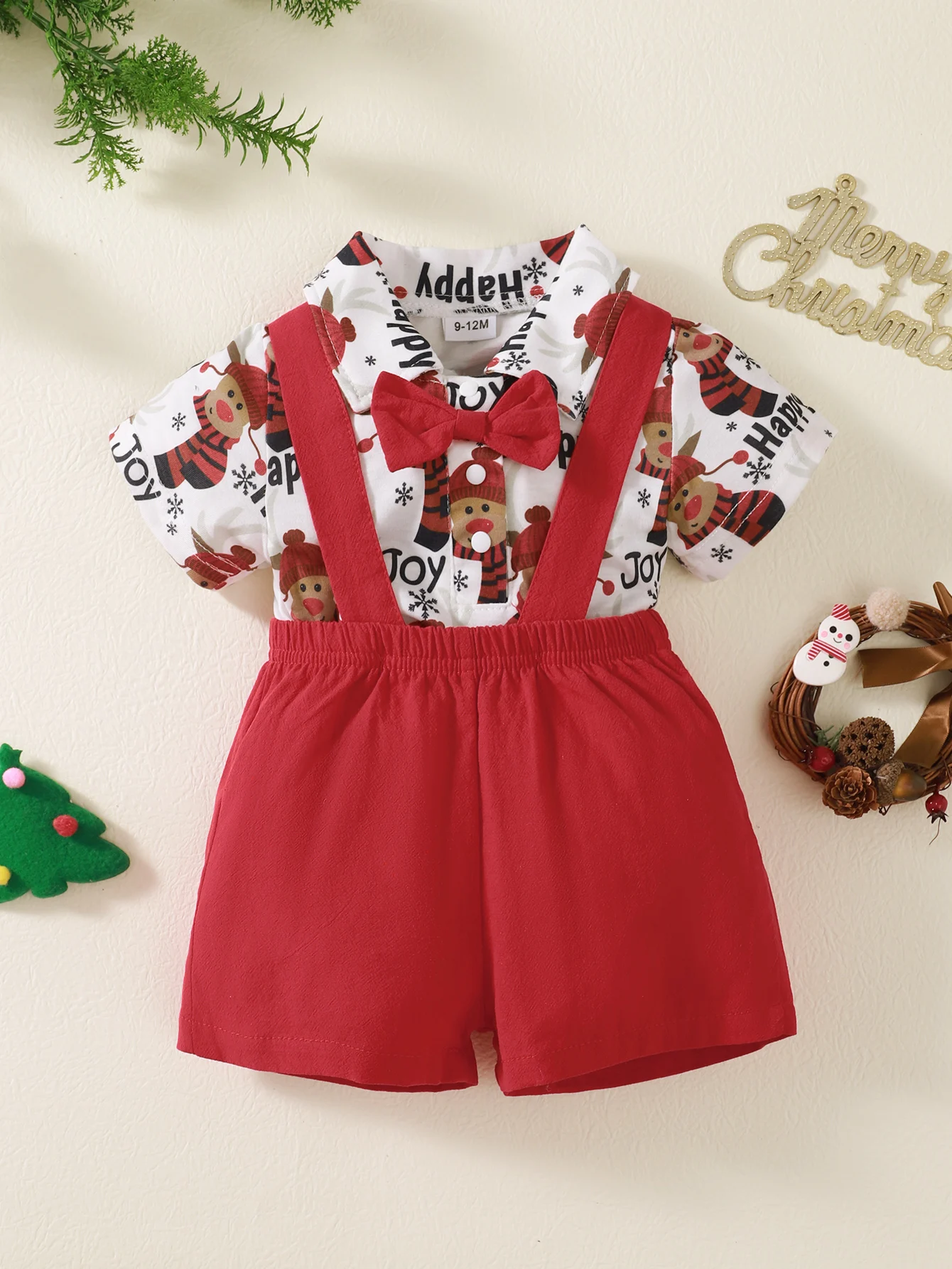 2pcsChildren\'s clothing Santa Claus Printed Short sleeved Bodysuit+Suspender Pants 0-12 Months Male baby Christmas Gentleman Set