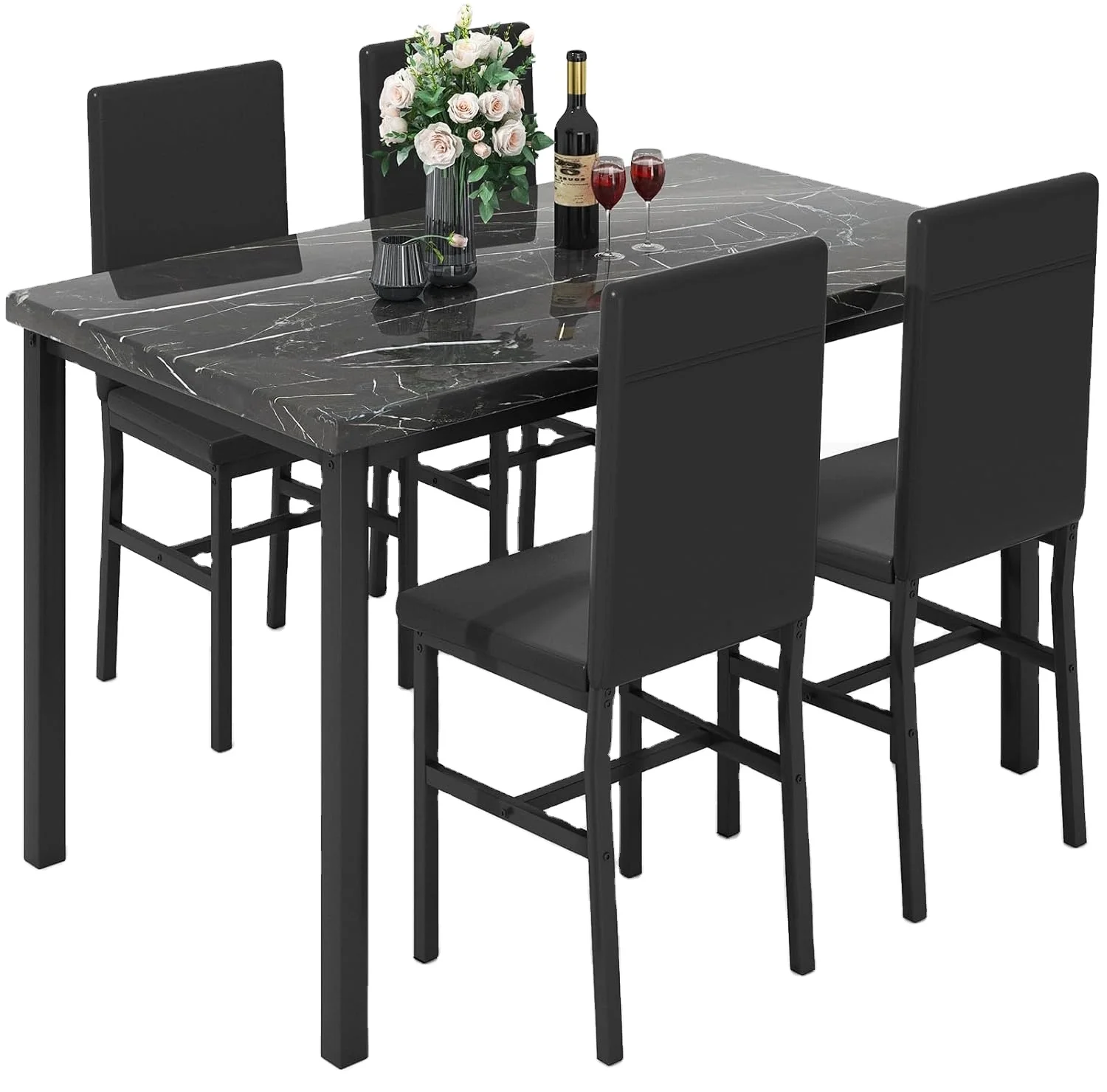 Modern Dining Room Furniture Marble Dining Table Set with PU Leather Metal Frame Chairs for Kitchen,Living Room