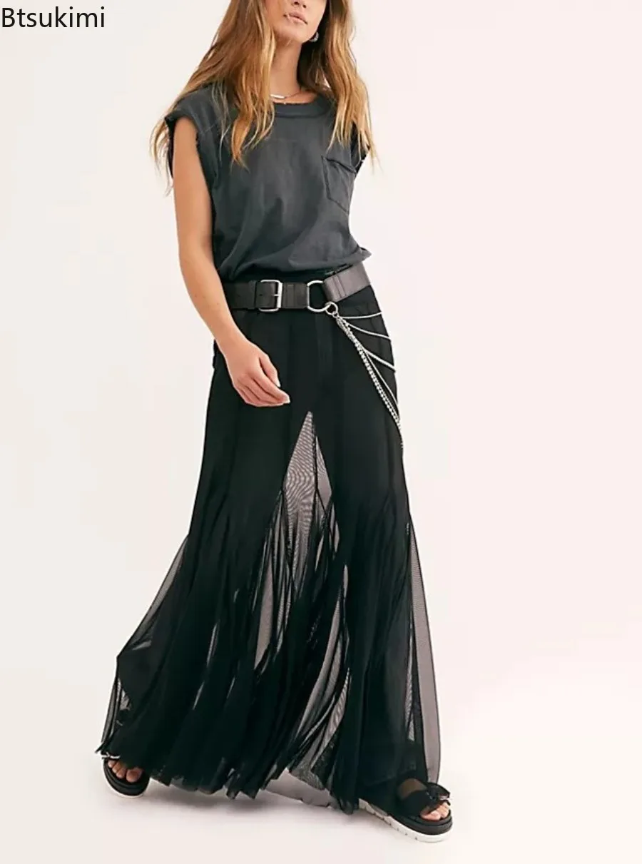 2025 New Fashionable Women’s Sexy Mesh Sheer Long Skirts Elastic High Waist Irregular Hem See-through Casual A-line Flowy Skirts
