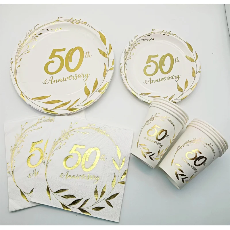 50th Anniversary Hot Stamping Gold Disposable Paper Plate Cup Napkin Gold Wedding Party Happy 50th Birthday Decor Supplies