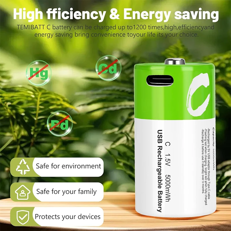 C Batteries Rechargeable With USB 2in1 Cable C Size Cell Lithium Batteries LR14 5000mWh 1.5V Li-ion Power for Flashlight Ect