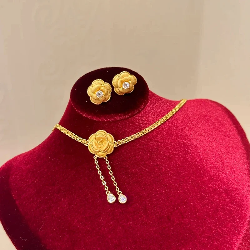 French Retro Court Style Brushed Camellia Tassel Necklace Earrings Elegant Rose Choker Ear Stud Set with Zircon Studded KOFSAC