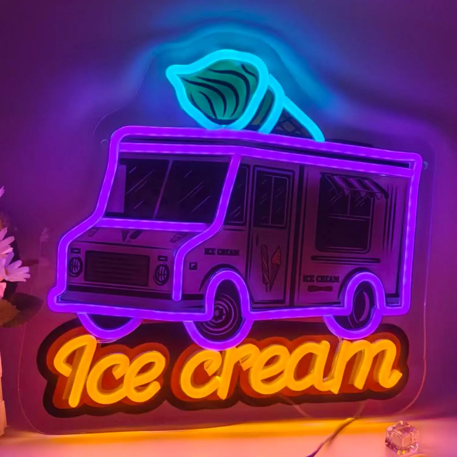 Letrero de neón LED con forma de camión de helados, funciona con USB, lámpara de pared para tienda de postres, decoración para negocios, lámpara de neón, regalo para cafeterías y escaparates de comida.