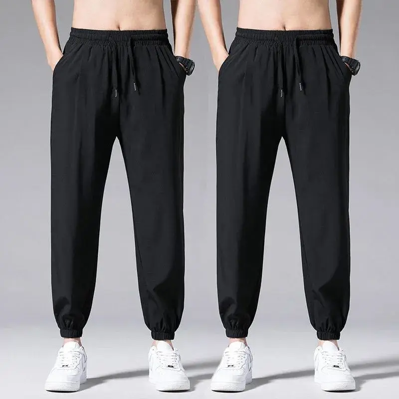 

Summer Ice Floss Ventilation Quick Drying Waist Drawcord Casual Pants New Classic Loose Youth All-match Thin Male Trousers 2023