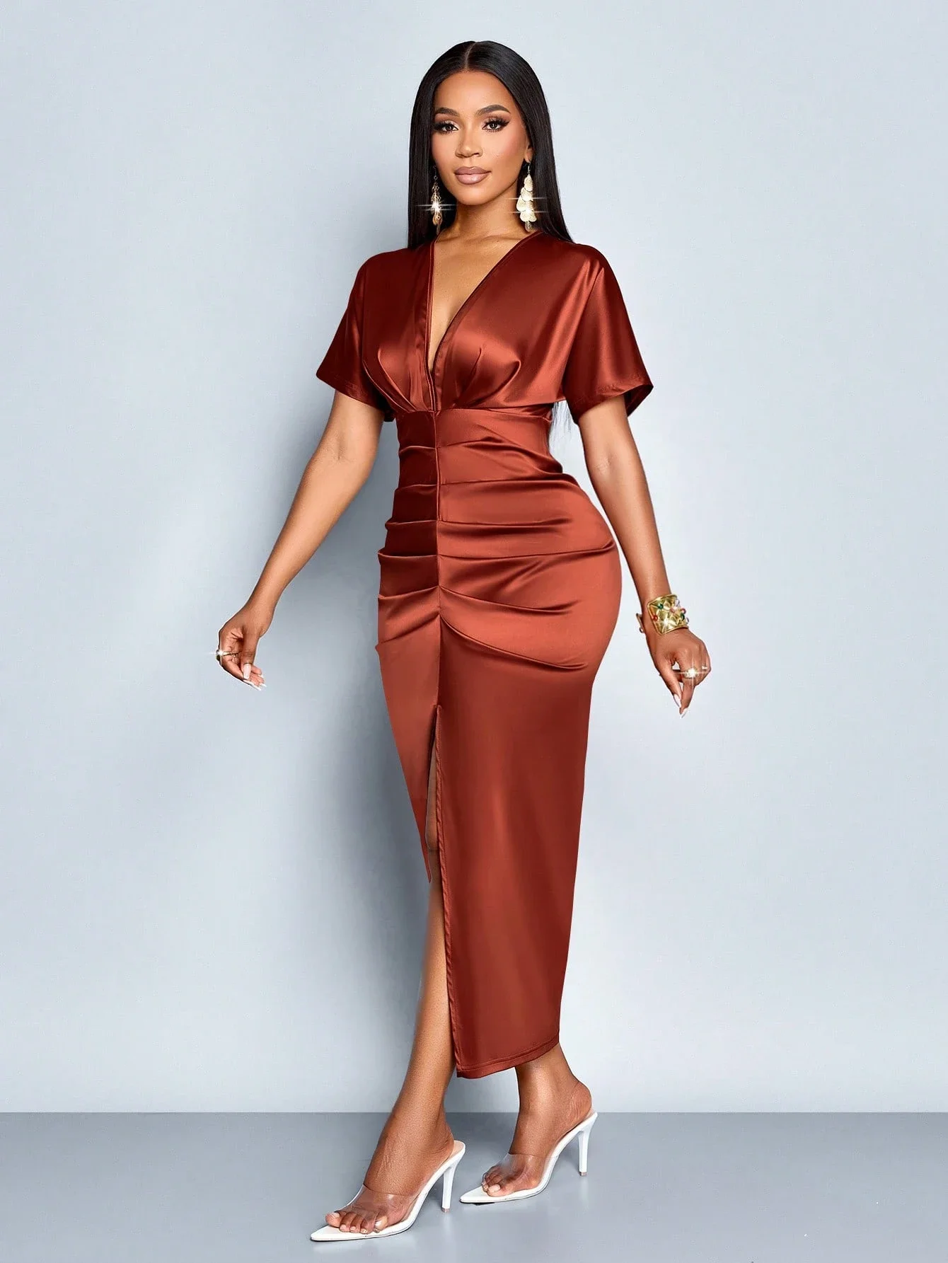 

Elegant Satin V-Neck Midi Dress With Side Slit For Women