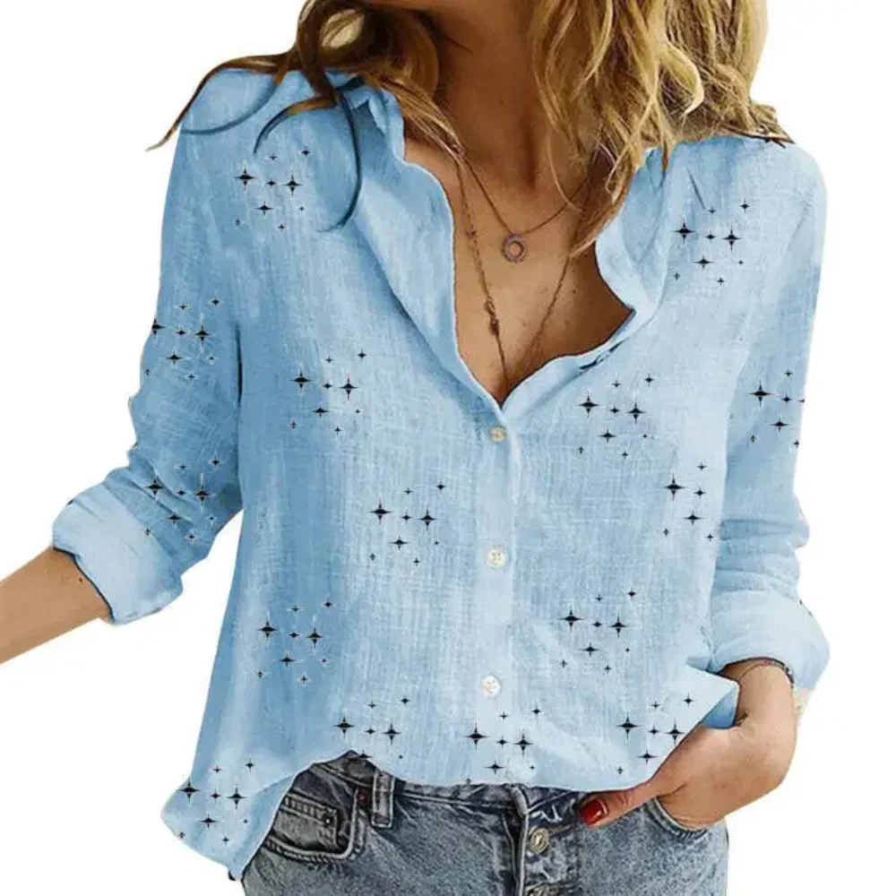 Stars Print Cotton Linen Shirts New Vintage Autumn Long Sleeve Loose Blouses for Women White Tops Casual Leisure Top Blusas