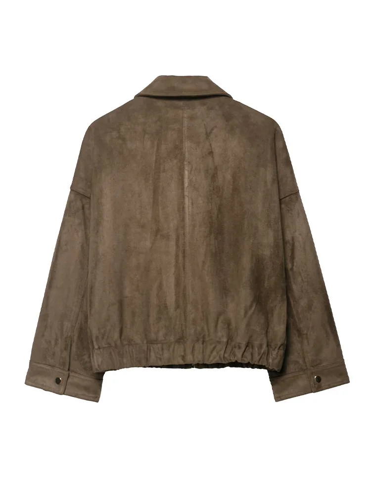 HH femme hiver élégant col rabattu solide veste femmes à manches longues poche décorer fermeture éclair décontracté daim Texture manteau ample