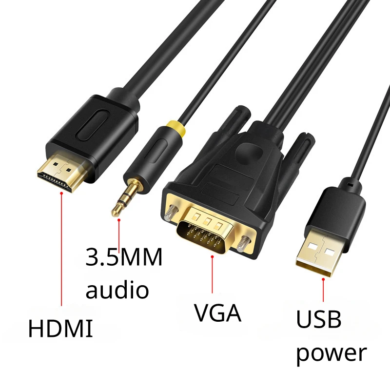 VGA to HDMI male to male conversion cable with audio cable and USB power cable vga to hdmi cable