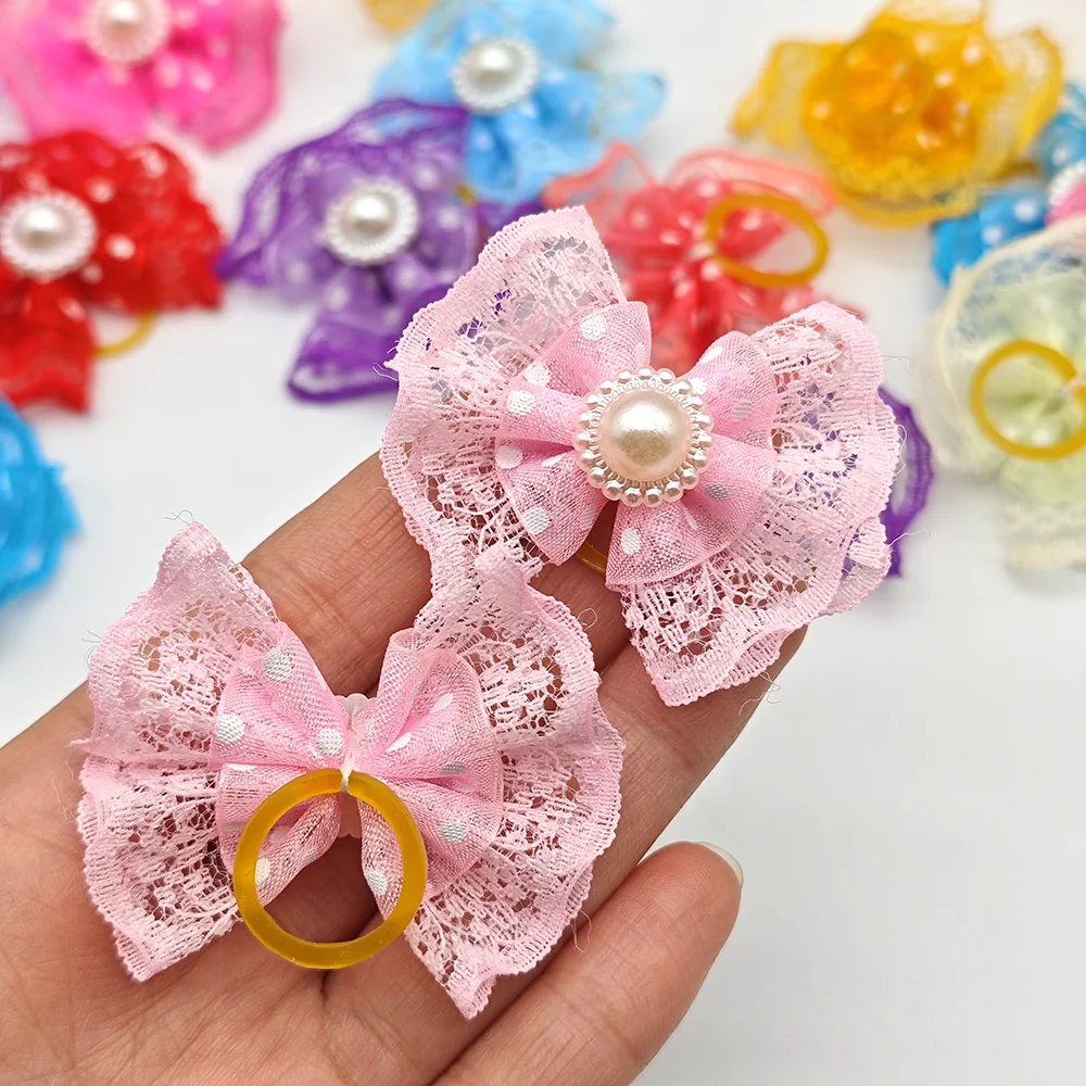 100 Pieces Double Layer Lace Hair Bows For Small Dog Cute Pet Grooming Hair Clips Puppy Hair Accessories With Rubber Band