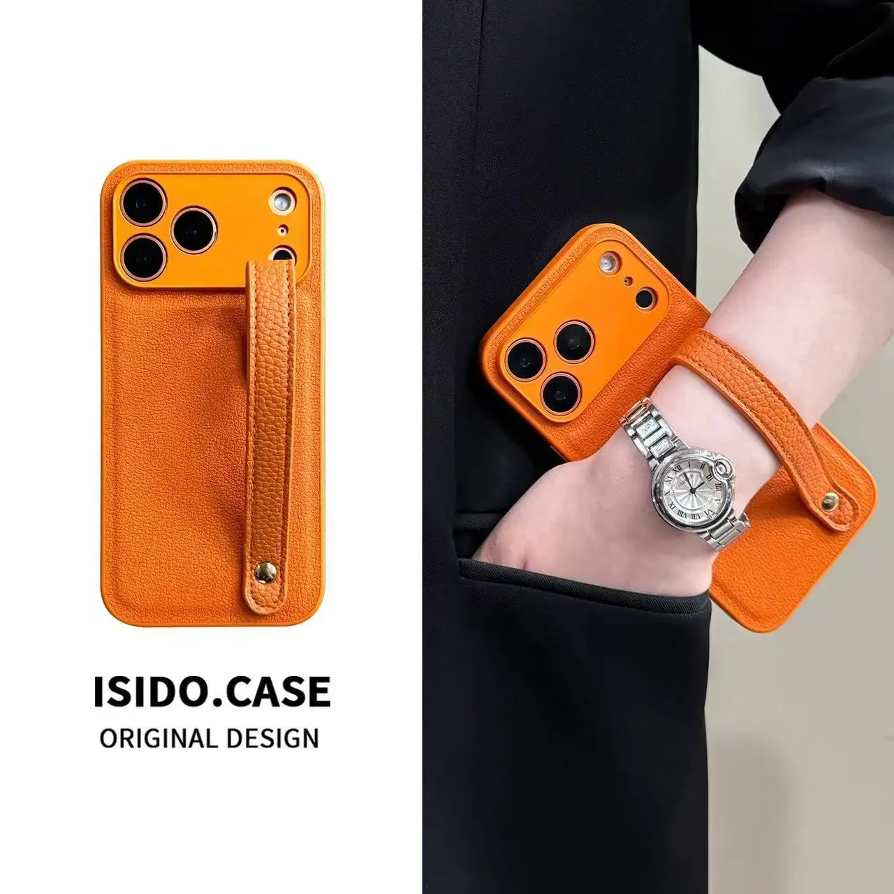 Vibrant orange wristband is suitable for iPhone17promax premium sense 16 autumn and winter leather pattern 15 lens all-inclusive