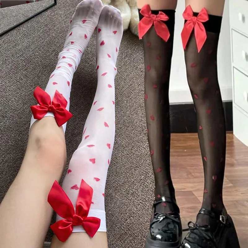 

1/2pairs Lolita Bowknot Thigh High Stockings Women Sexy Lovely Bow Over Knee Black White Suspender High Tube Silk Stockings