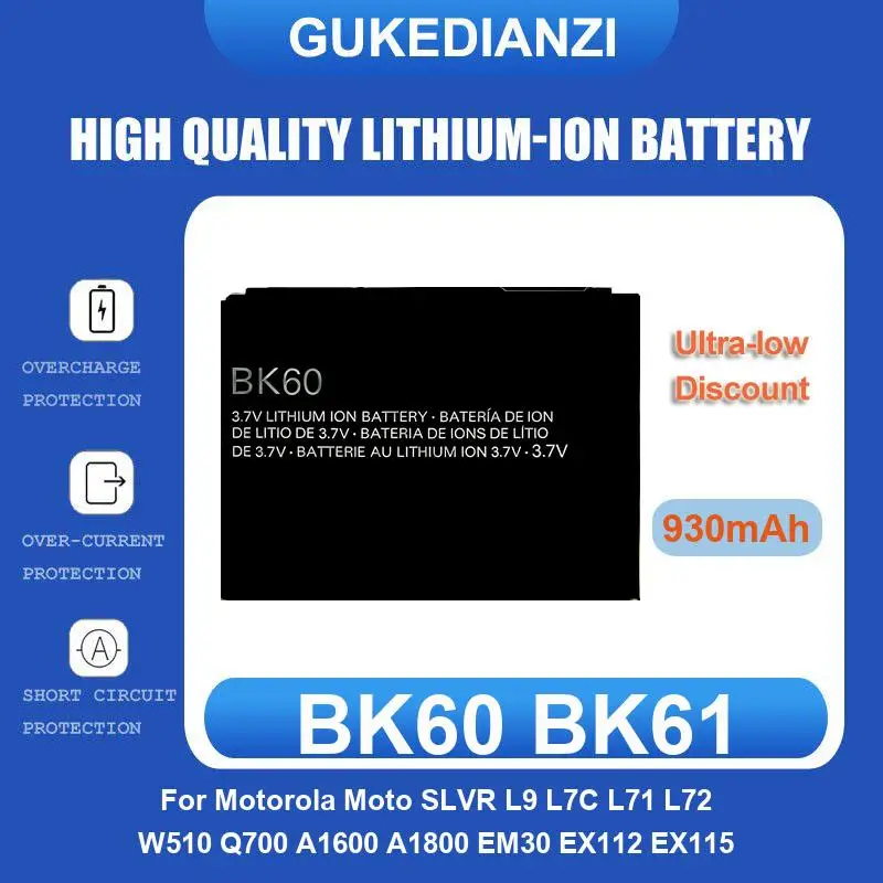 

BK60 BK61 Mobile Phone Battery For Motorola SLVR L9 L7C L71 L72 W510 Q700 A1600 A1800 EM30 EX112 EX115 930mAh High Quality