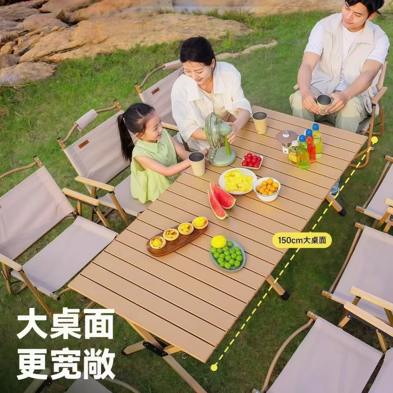 Foldable egg roll table, camping table, outdoor table and chairs, portable picnic table