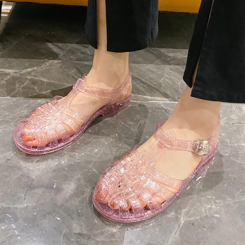 Plastic Sandals Women Summer Shoes Ladies Casual Flat Hollow Jelly Sandal Closed Toe Beach Shoes Footwear Sandalias De Mujer