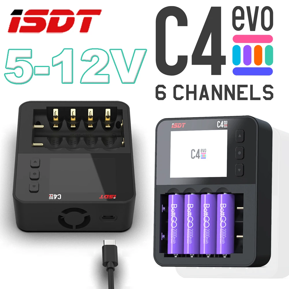 ISDT C4 EVO 5～12V Smart Battery Charger with 2.4-inch LCD Screen Six Slots Independent Charging for AA AAA Li-lon LiFe Battery