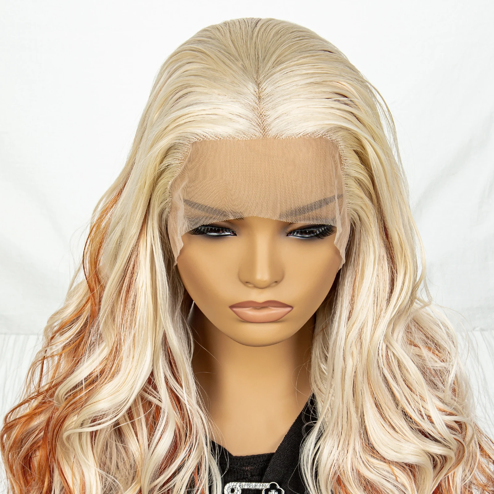 Wig pirang Oranye Highlight Wig sintetis bagian depan berenda Wig panjang bergelombang Wig renda gelombang air untuk wanita wig Cosplay pirang campuran oranye