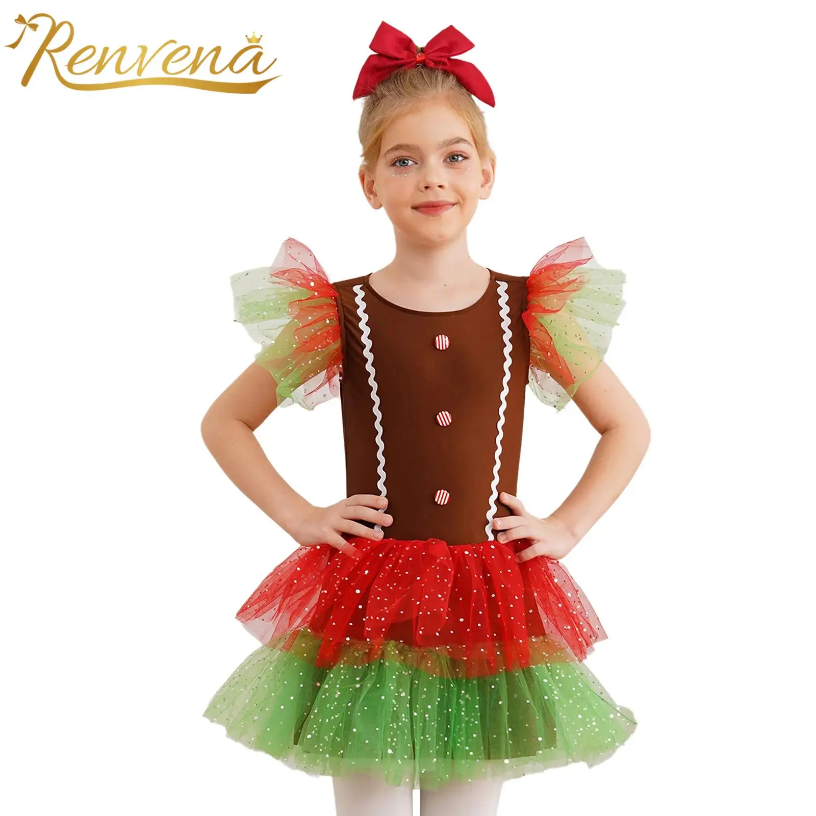 

2025 New Year Xmas Dress Girls Christmas Clothes Kids Gingerbread Man Costume Christmas Party Costume Flying Sleeve Tutu Dress