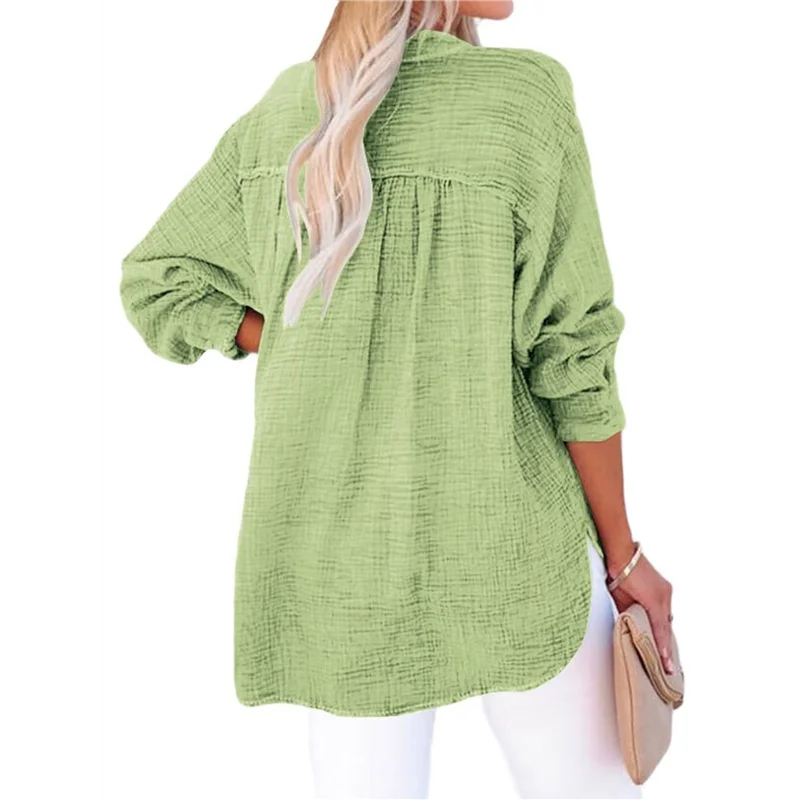 

ABRT-Женские повседневные рубашки с длинными рукавами и V-образным вырезом на пуговицах, однотонные блузки большого размера, топы