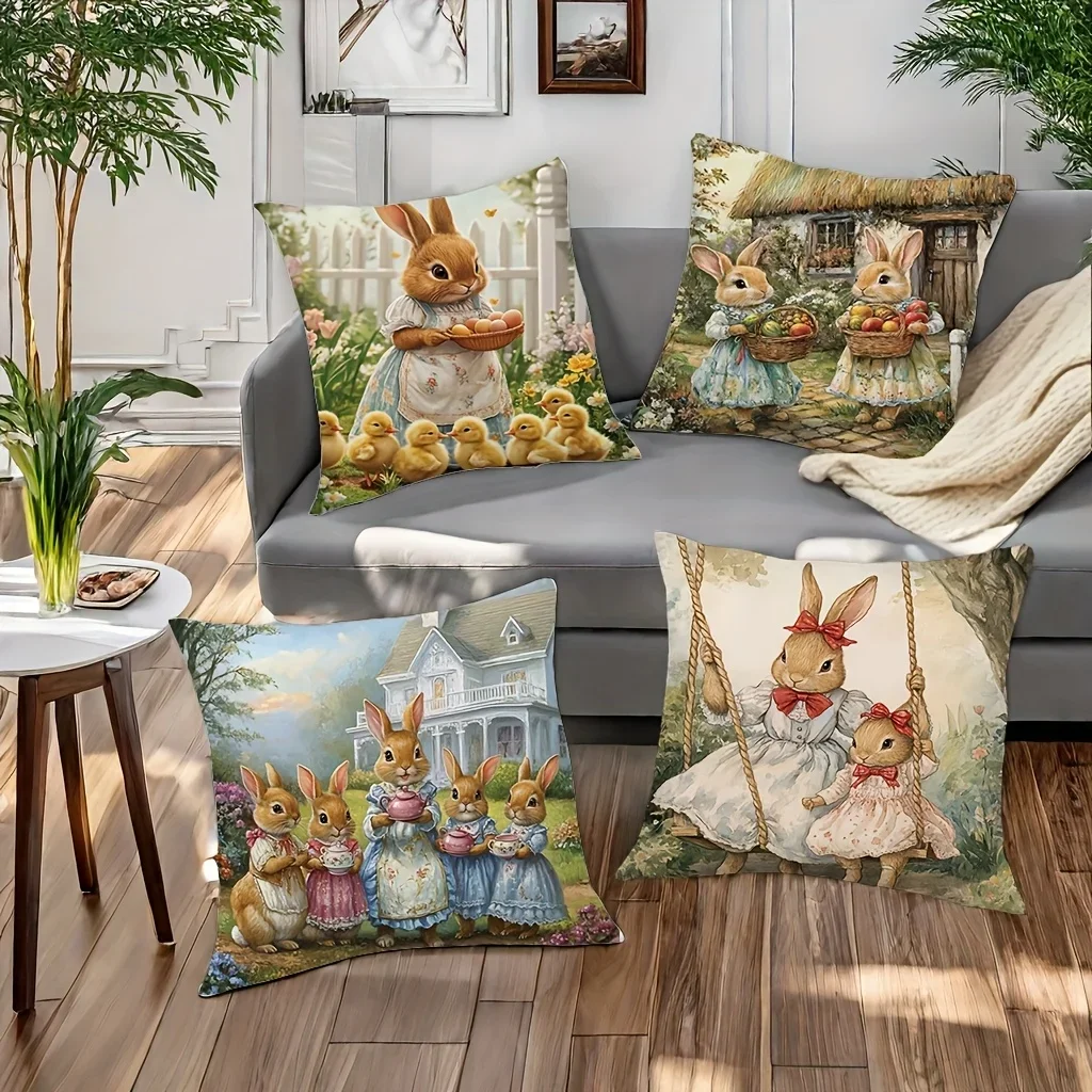 VIKAMA Easter Bunny Throw Cushion Set for Vintage Country Style Sofa, Living Room Cushion Cover, Home Decor Pillow Cover