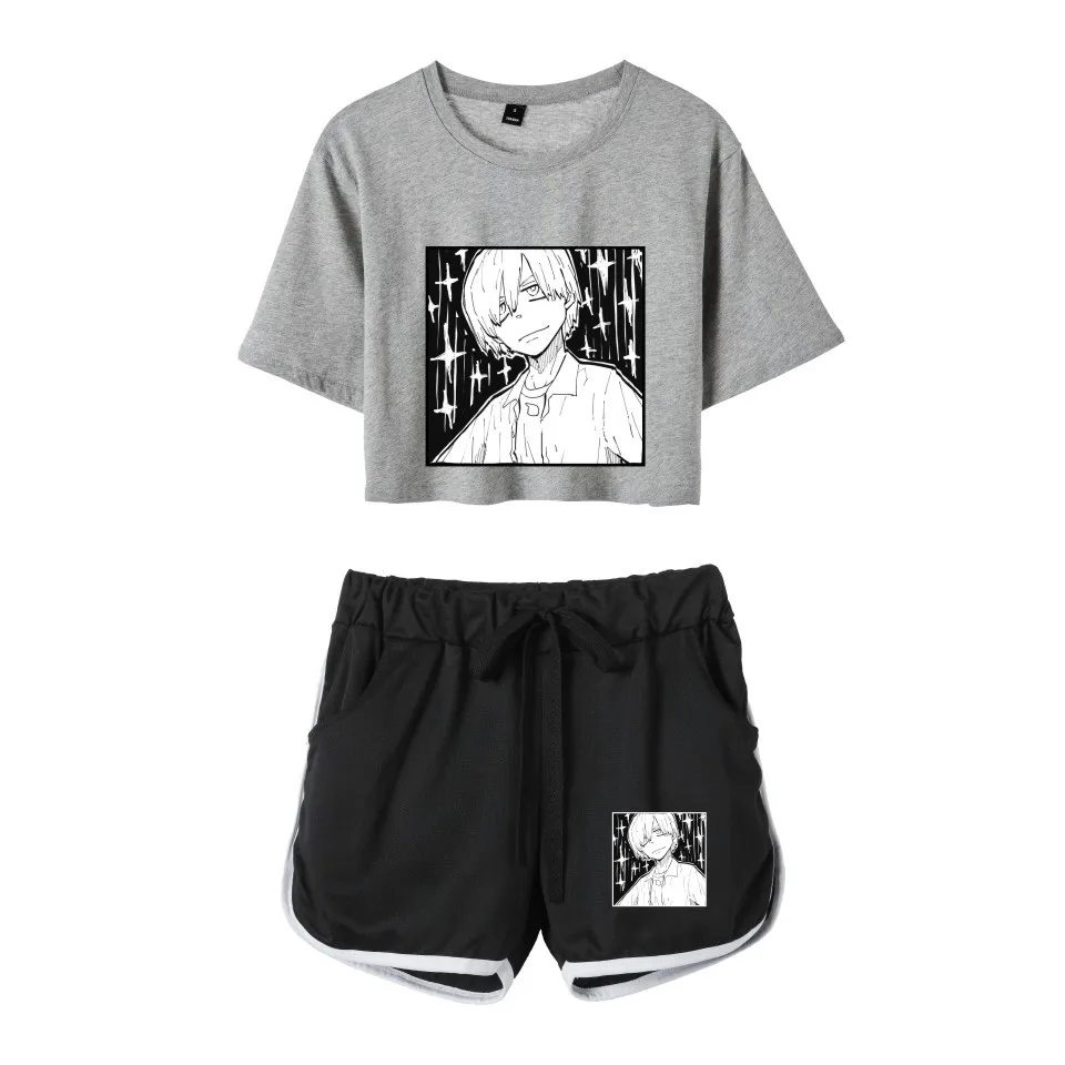 Fashion Novelty Youthful Fire Force Print Short Sleeve Sexy Shorts+lovely T-shirts Dew navel Pretty Girl suits Two Piece Set