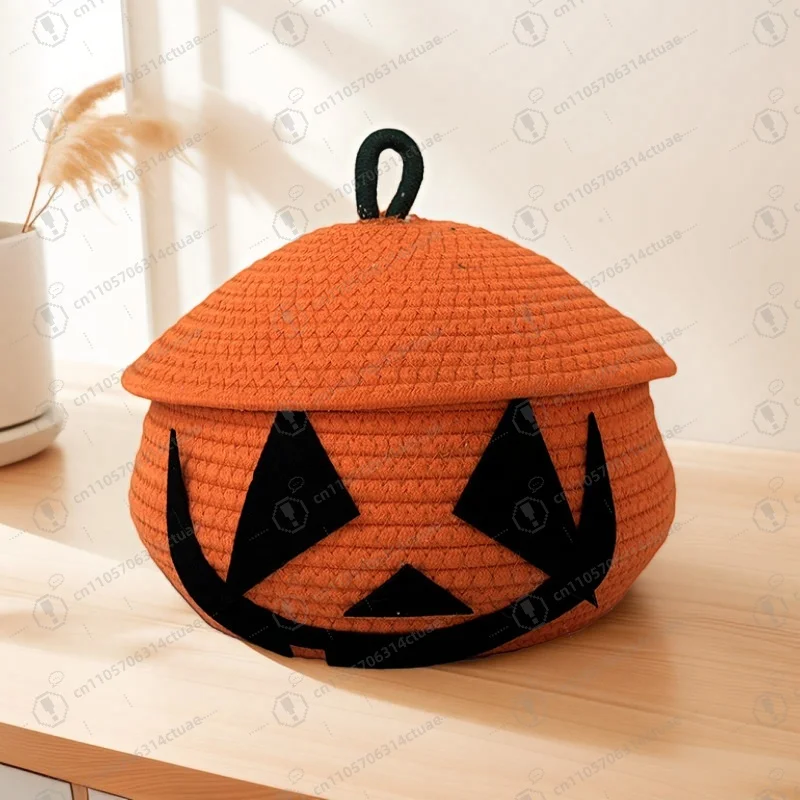 クリエイティブなハロウィンパンプキン収納バスケット、コットンロープ編み蓋付き収納容器、ホームリビングルームコーヒーテーブル用編みバスケット