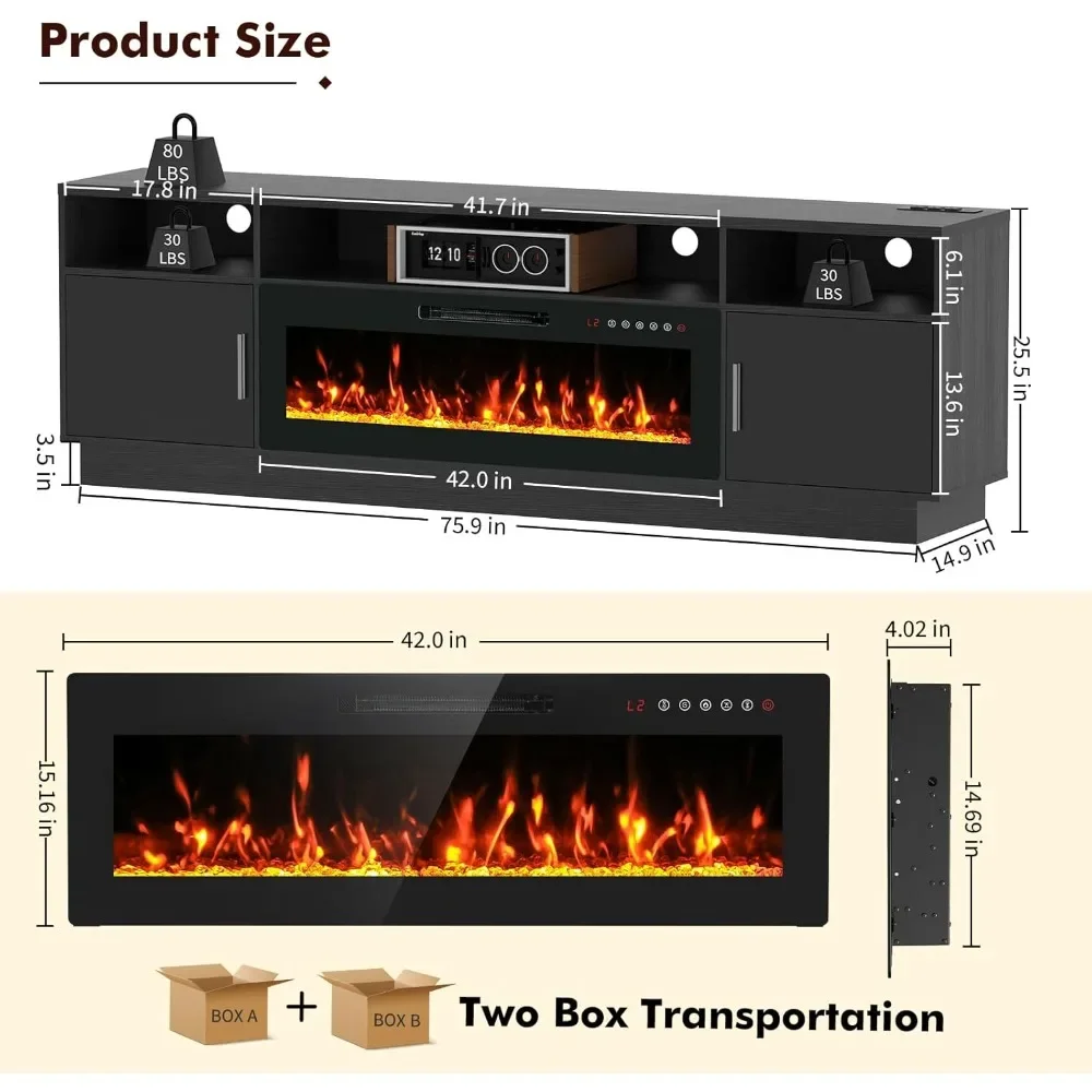 80 Inch TV Stand with Fireplace-Led Entertainment Center for TVs Up To 85+ Inch-Fireplace TV Console with Power Outlets