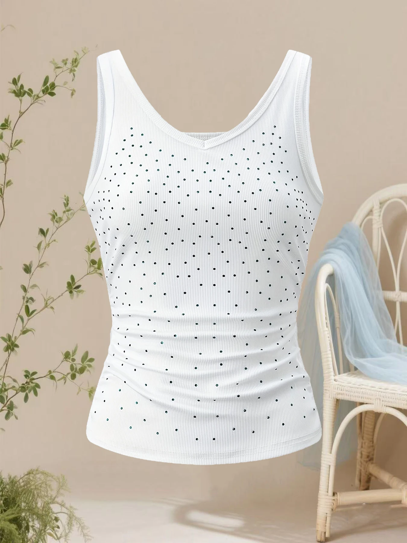 

Новый осенне-зимний женский модный однотонный жилет со стразами, женские сексуальные топы без рукавов с v-образным вырезом