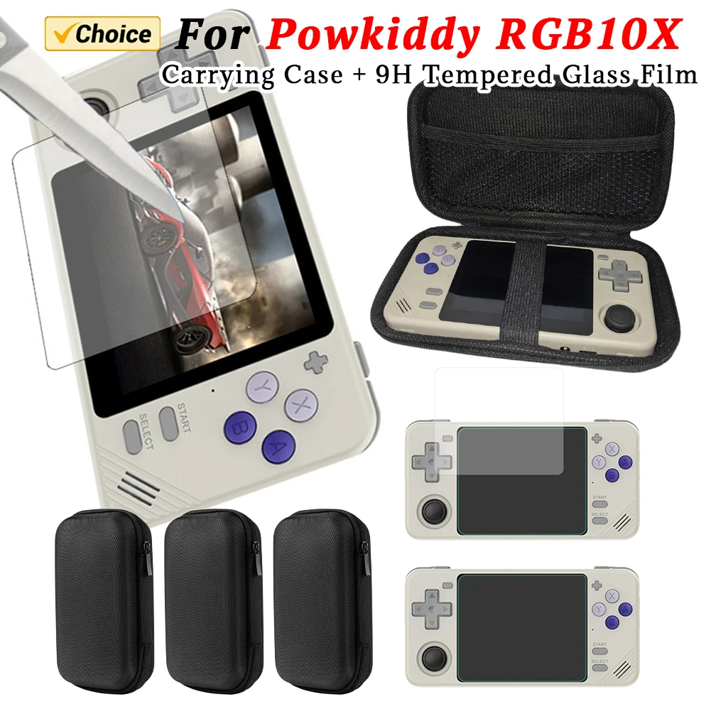 Carrying Protective Case Shockproof Travel Carrying Pouch Anti-scratch Tempered Glass Film for Powkiddy RGB10X Game Console