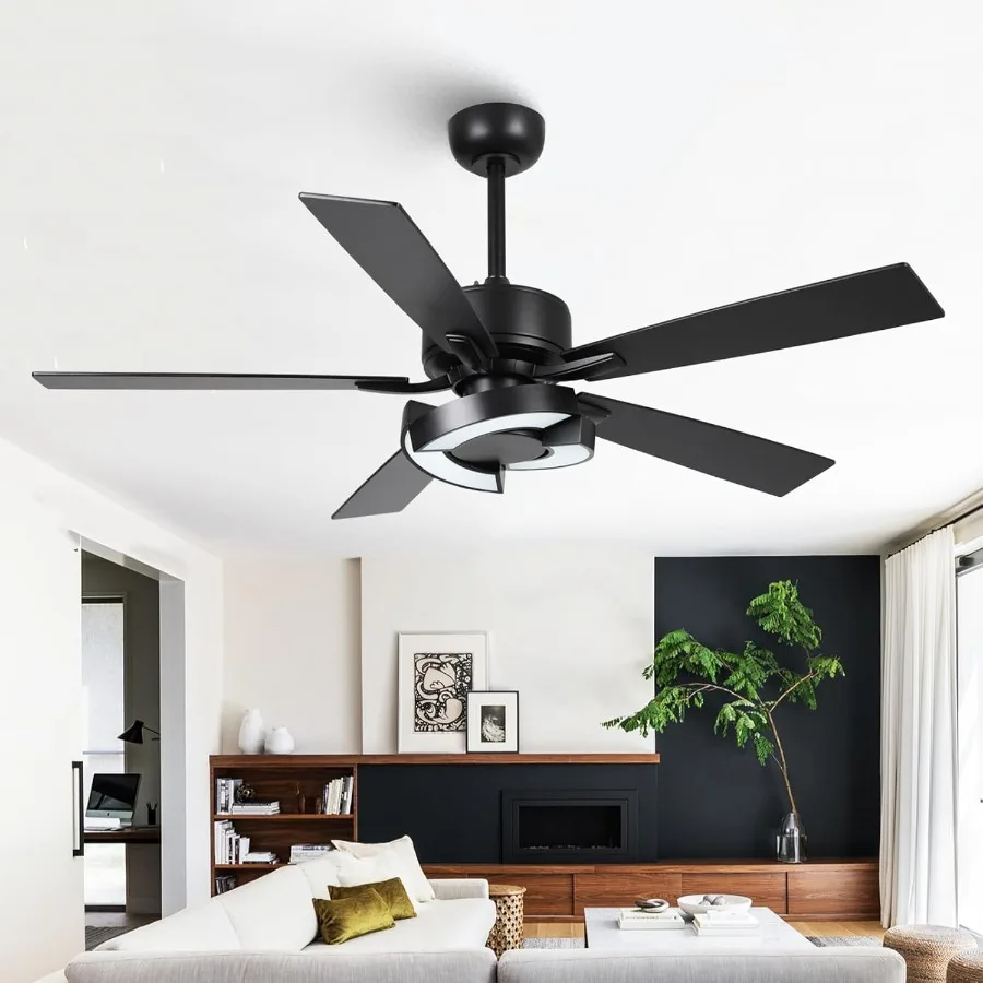 

Creative Black 52 Inch Ceiling Fan with Light and Remote Control for Indoor Outdoor Use 6 Speeds Adjustable Dual-Sided Reversib