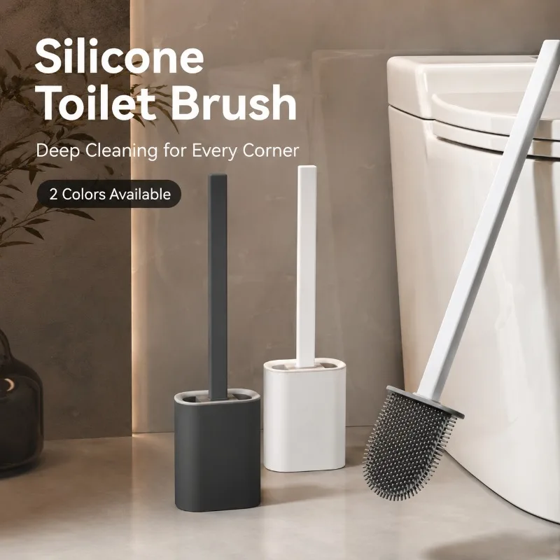Silicone Toilet Brush with Holder, Long Handle Flexible Bristles, Deep Rim Cleaning, No-Drill Wall Mount Bathroom Cleaning Tool
