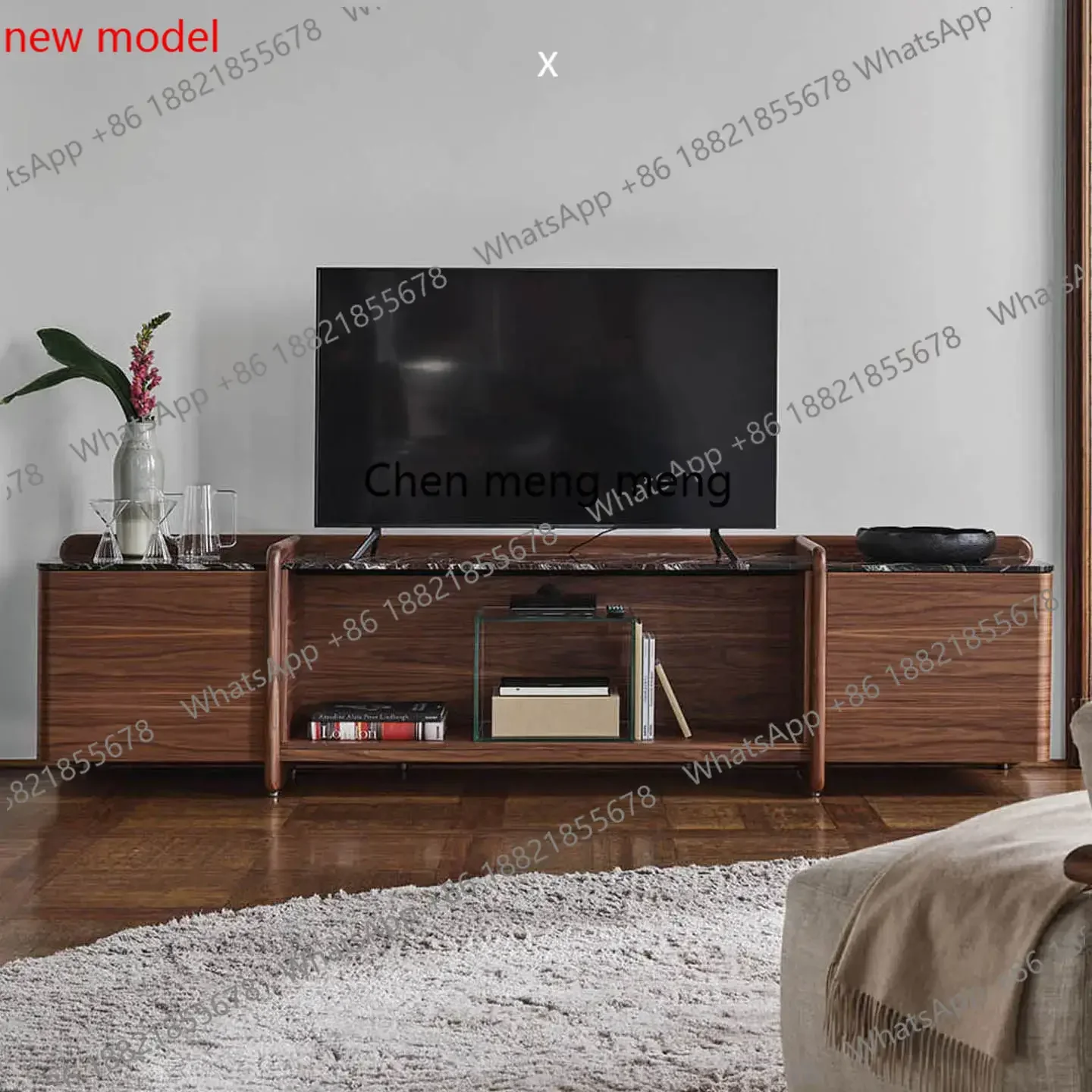 N138Modern simple marble countertop TV cabinet, living room thickened walnut leather veneer storage, floor-to-ceiling side cabin