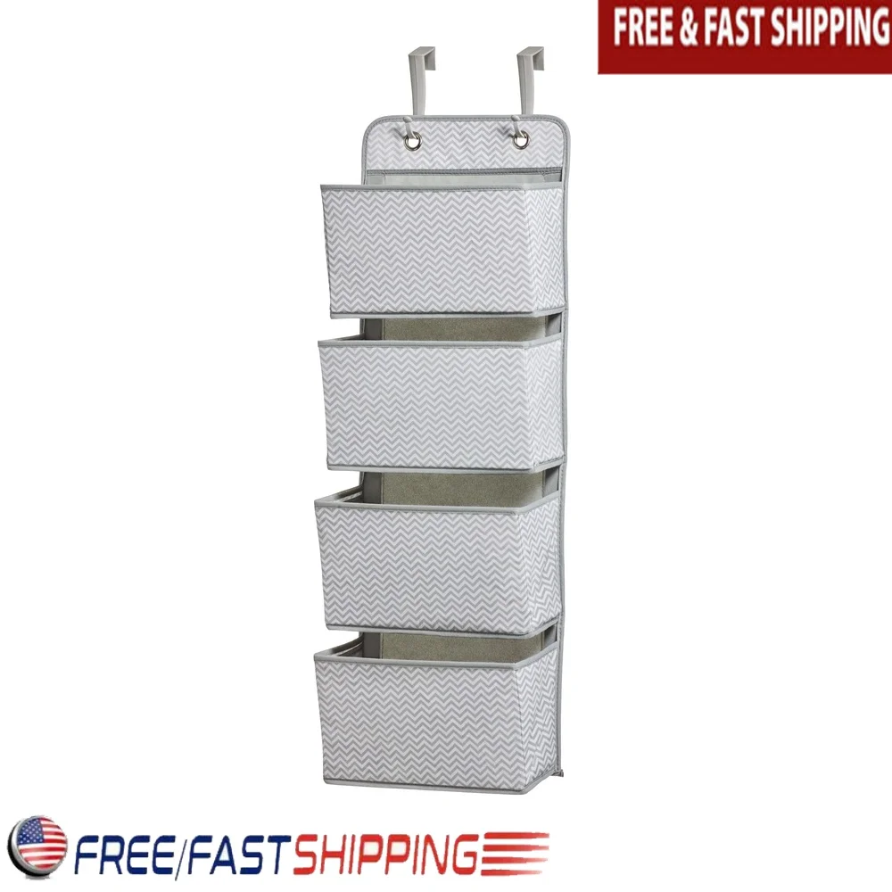 

4 Pocket Nursery Hanging Organizer with Hooks Baby Clothes Toys Diapers Accessories Easy Clean Durable Gray Chevron Design