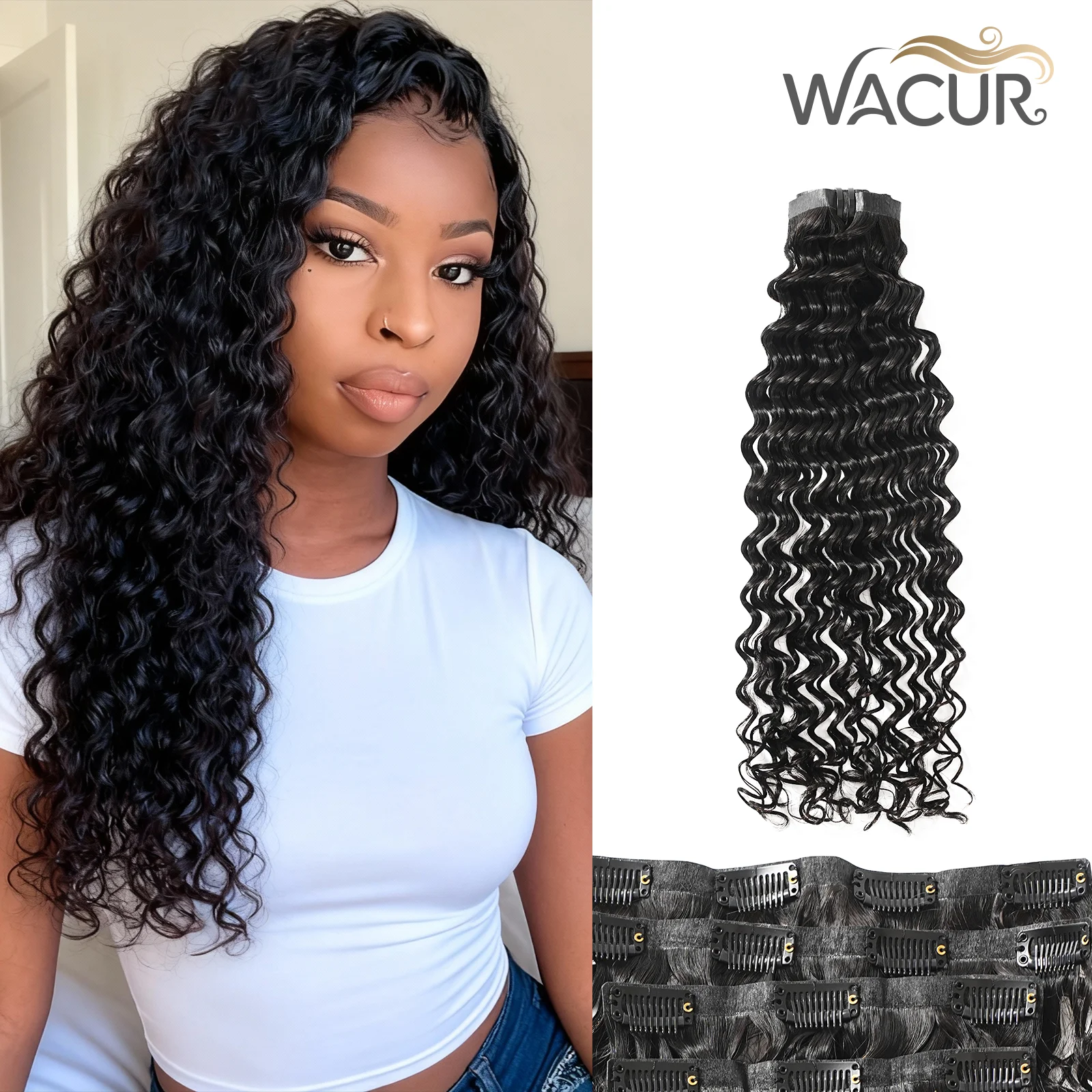 Wacur PU Clips In Deep Wave 100% Human Hair Extensions 12"-30" Machine Made Remy Hair 6Pcs Set 110g Full Head  Natural