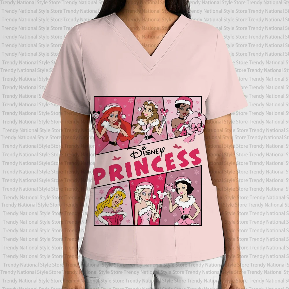 Summer Christmas Disney Cartoon Mermaid Print V-Neck Pocket Scrub Top Women's Clothing Nursing Clothes Dental Pet Shop T-shirt