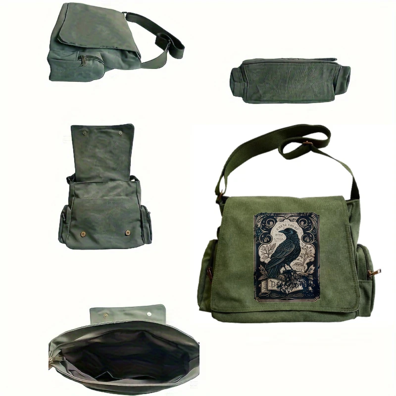 Vintage Raven Print Women's Shoulder Bag Men's Crossbody Messenger Bag Large Capacity Canvas Laptop Bag view 3