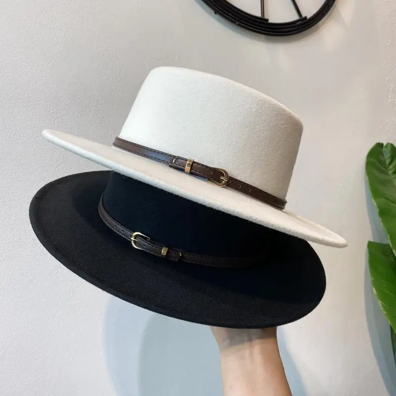 

Vintage Men Fedoras Unisex Jazz hat Autumn Spring woolen Blend Caps Flat Top Bowler Hats Wide Brim Outdoor Casual Felt Hat