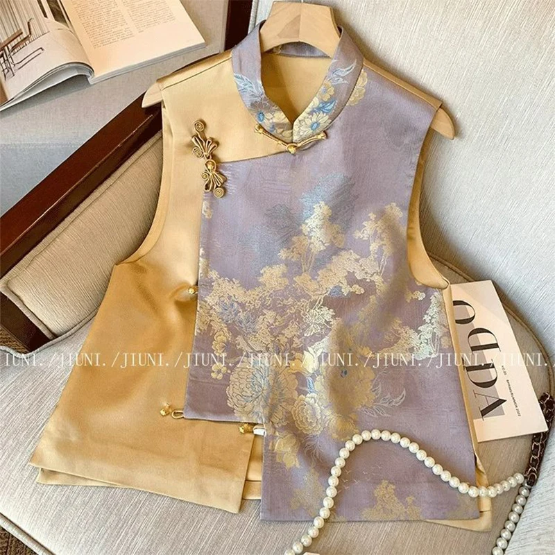 

Floral Printed Satin Silk Vest Women Sleeveless Embroidered Tops Chinese Style Ethnic Vintage Tang Vest